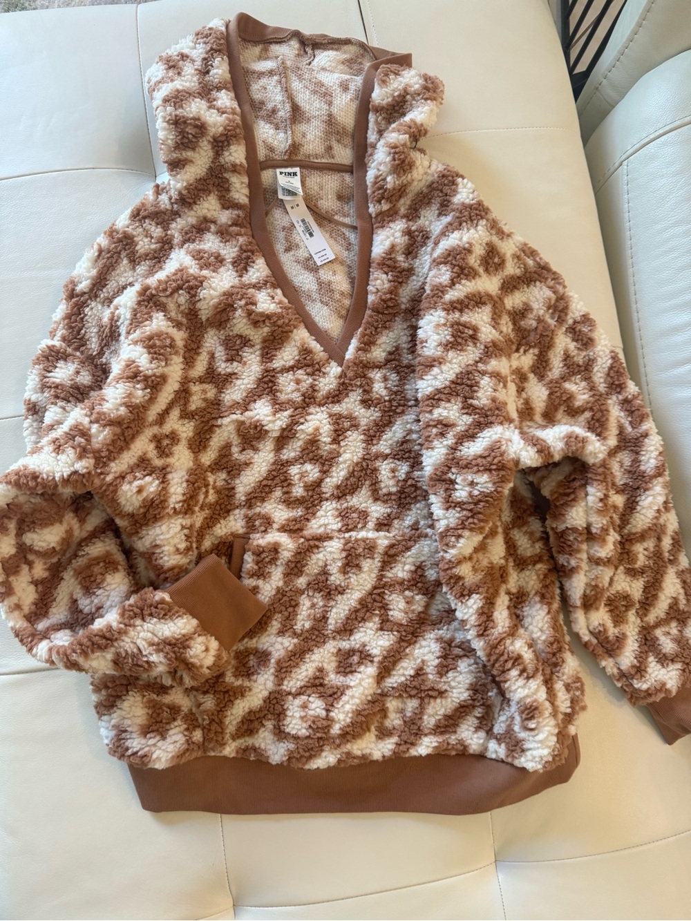 PINK Victoria's Secret Cream and Brown Sherpa V-Neck Sweater